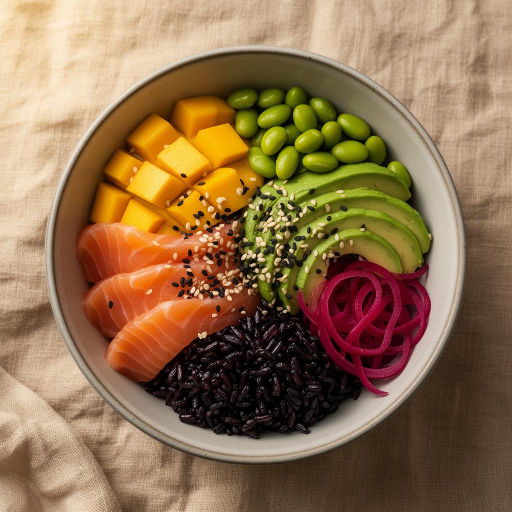 Lax bowl med sashimi, svart ris och mango på Karla Bakeshop i Göteborg