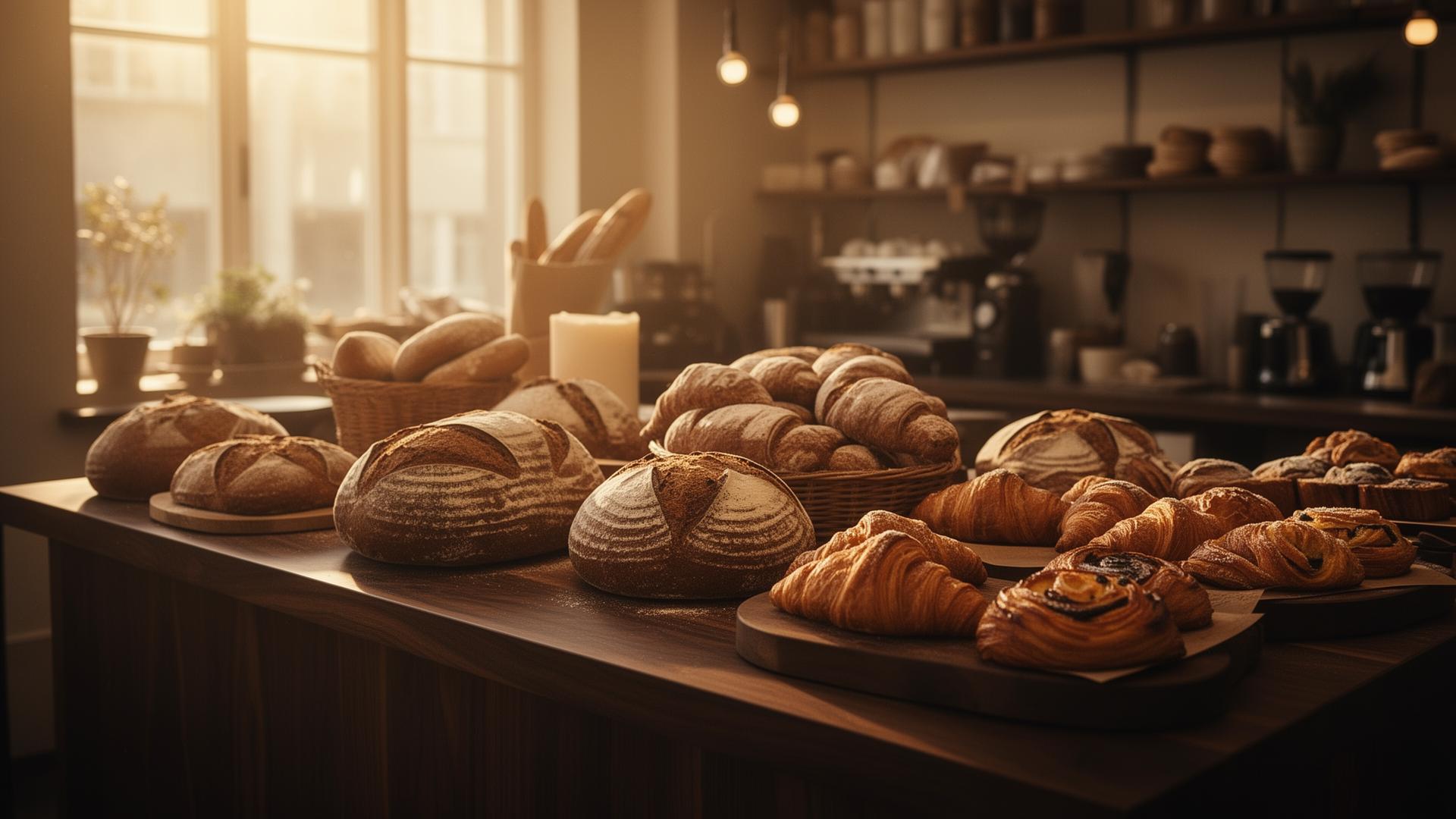 Freshly baked bread and pastries on a walnut counter at Karla Bakeshop